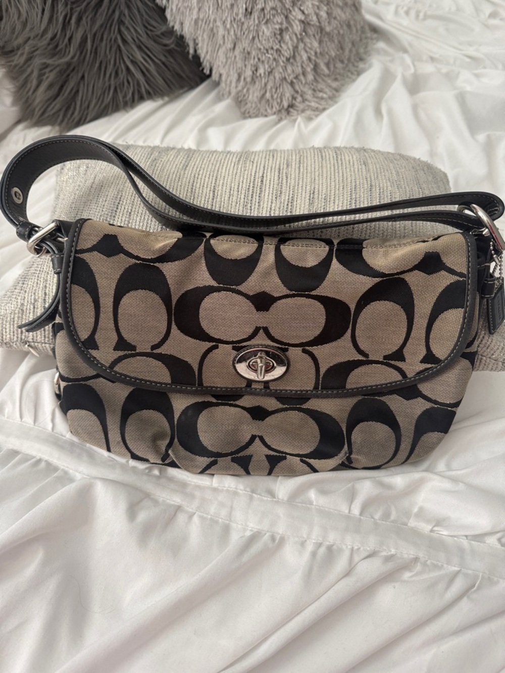 Coach Khaki & Black Signature Canvas Shoulder Bag